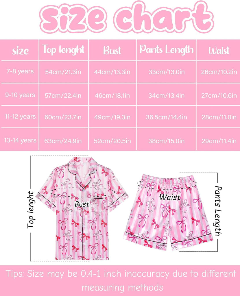 Girls Pajamas Silk PJS Set Pink Bow Satin Sleepwear Short Sleeve Jammies for Kids Button-Down Nightwear