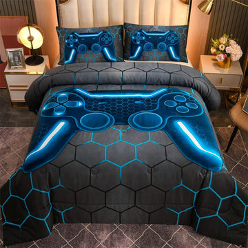 Game Console Comforter Set for Boys Girls Kids 3D Gaming Geometric Lightweight Microfiber Bedding Sets (Blue, Twin)