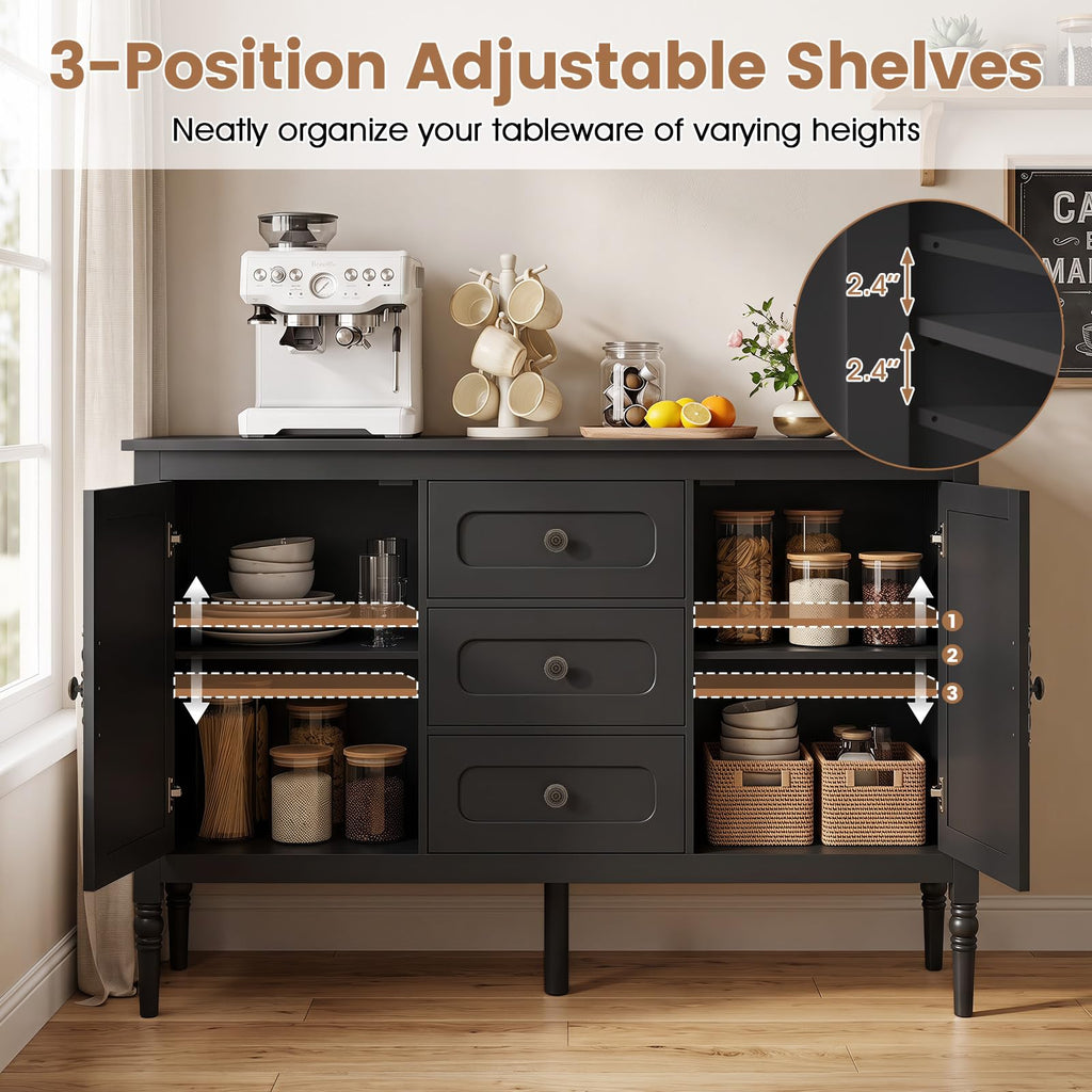 Buffet Cabinet, 47" Vintage Sideboard w/Adjustable Shelves(Black)