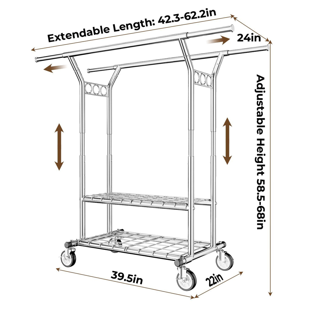 Heavy Duty Clothes Rack 620 LBS, Rolling Clothing Rack with Wheels