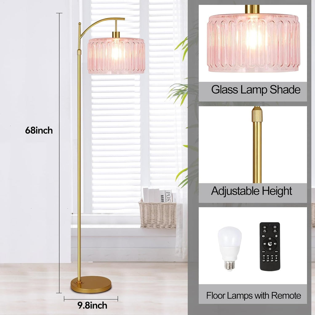 Pink Floor Lamp,Gold Dimmable Standing Lamp with Remote,Mid Century Modern Brass Tall Lamp Boho Floor Lamps Arc