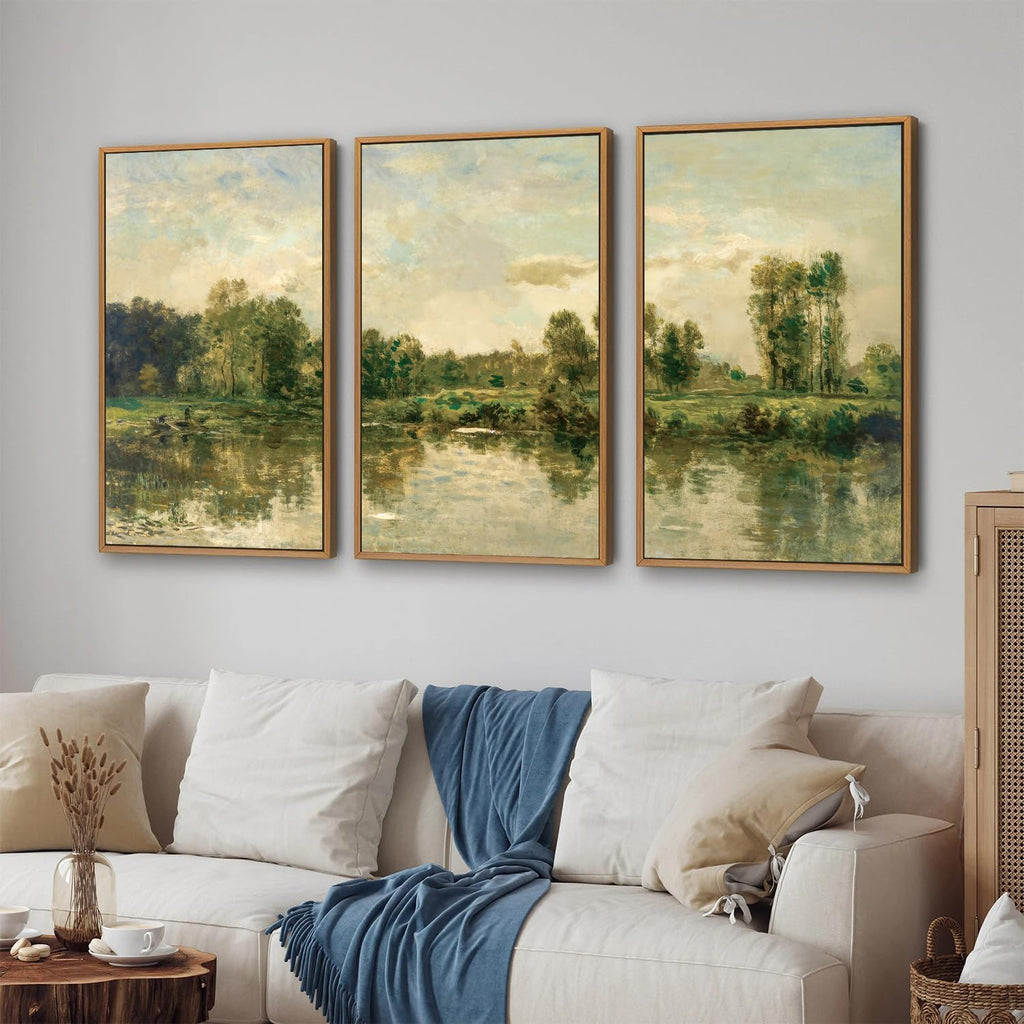 Vintage Landscape Framed Canvas Wall Art Set of 3, French Country Art Prints, Nature Green Trees and Lake Art