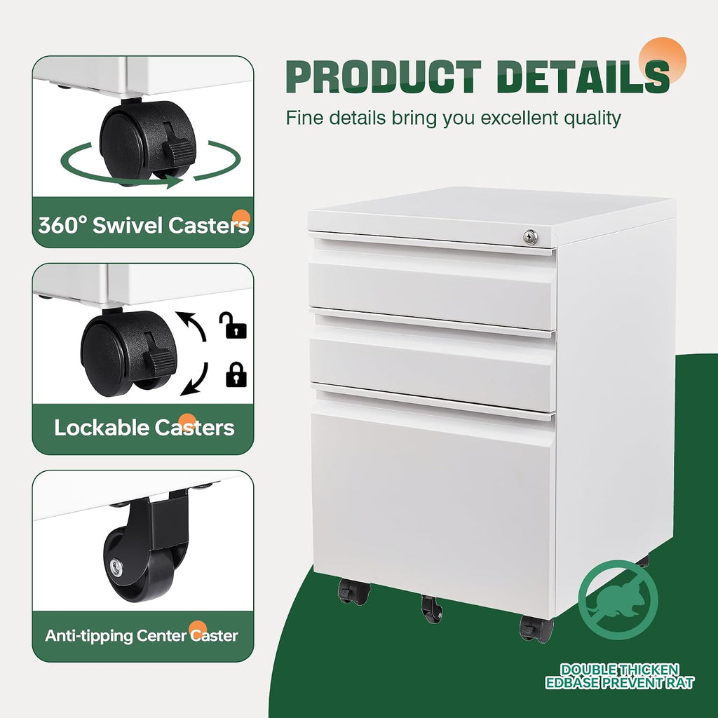 3 Drawer Mobile File Cabinet with Lock, Under Desk Metal Filing Cabinets Organizer Letters/Legal/A4(Fully
