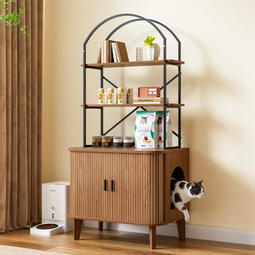 66" Cat Litter Box Enclosure, Hidden Litter Box Furniture with Shelves, Wooden Cat Washroom and Pet House with Sliding