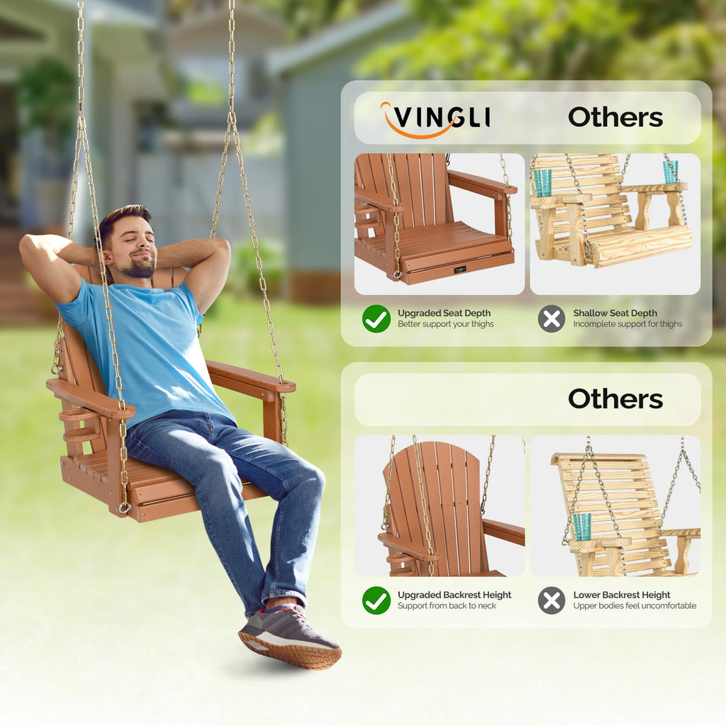 2.2FT HDPE Porch Swing, Patio Swing with Rotatable Cup Holder, Teak