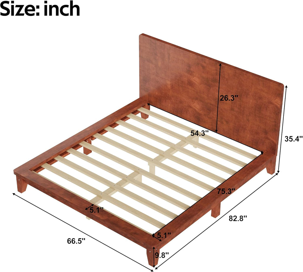 Mid-Century Full Size Wooden Bed Frames, Pine Wood Japanese Low Platform Bed with Brown Headboard, 7 inch Low Under