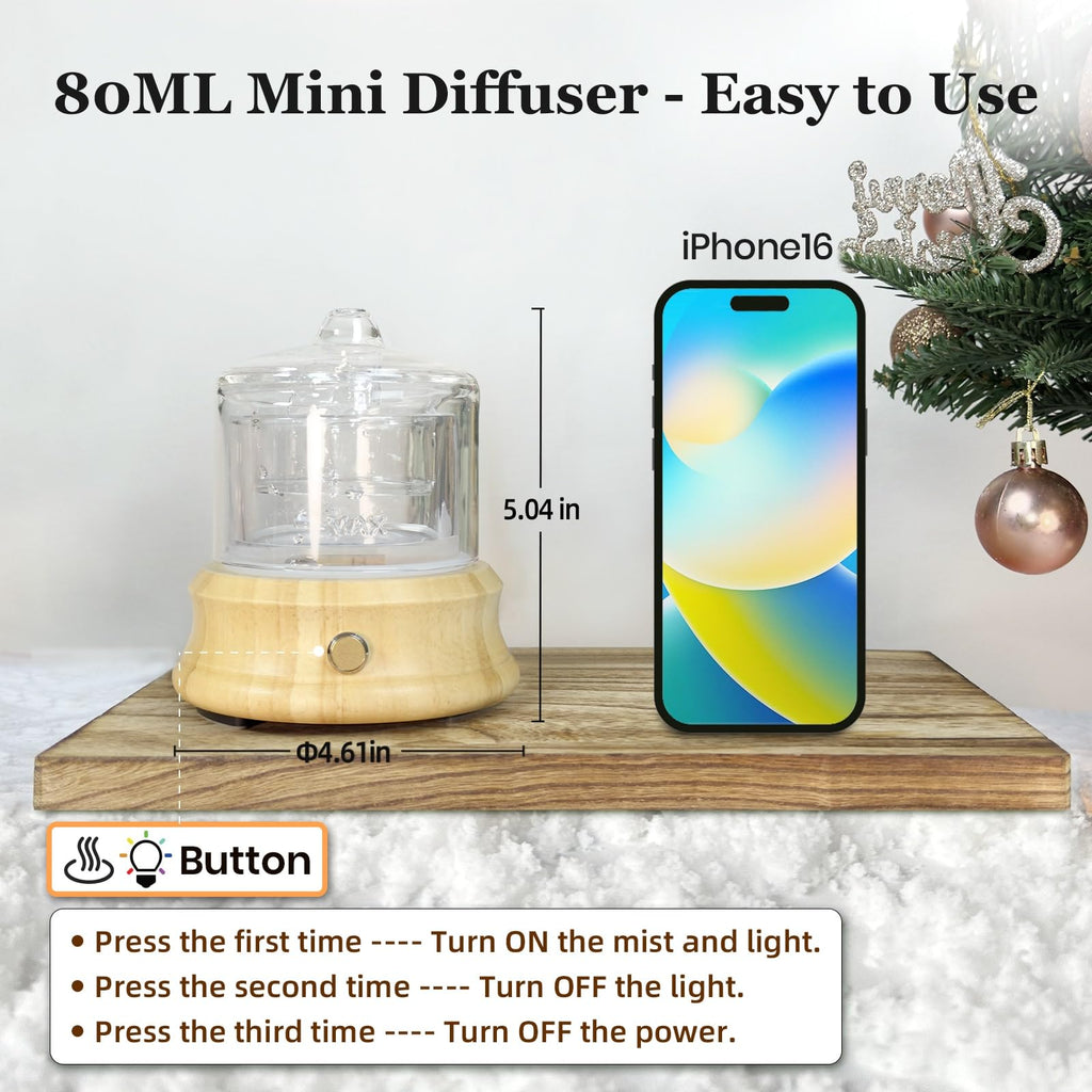 80ML Glass Essential Oil Diffuser with Glass Reservoir & Wood Base, Small Ultrasonic Aroma Diffusers with Auto-Off 7