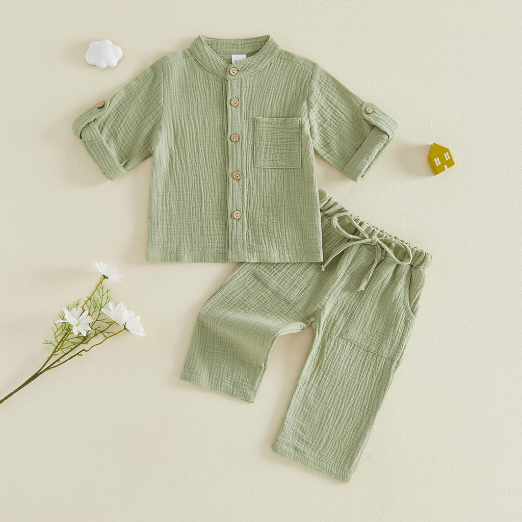 Baby Boy Cotton Linen Outfit Fall Winter Long Sleeve Button Down Henley Shirt Linen Pants Toddler Boys Clothes Set