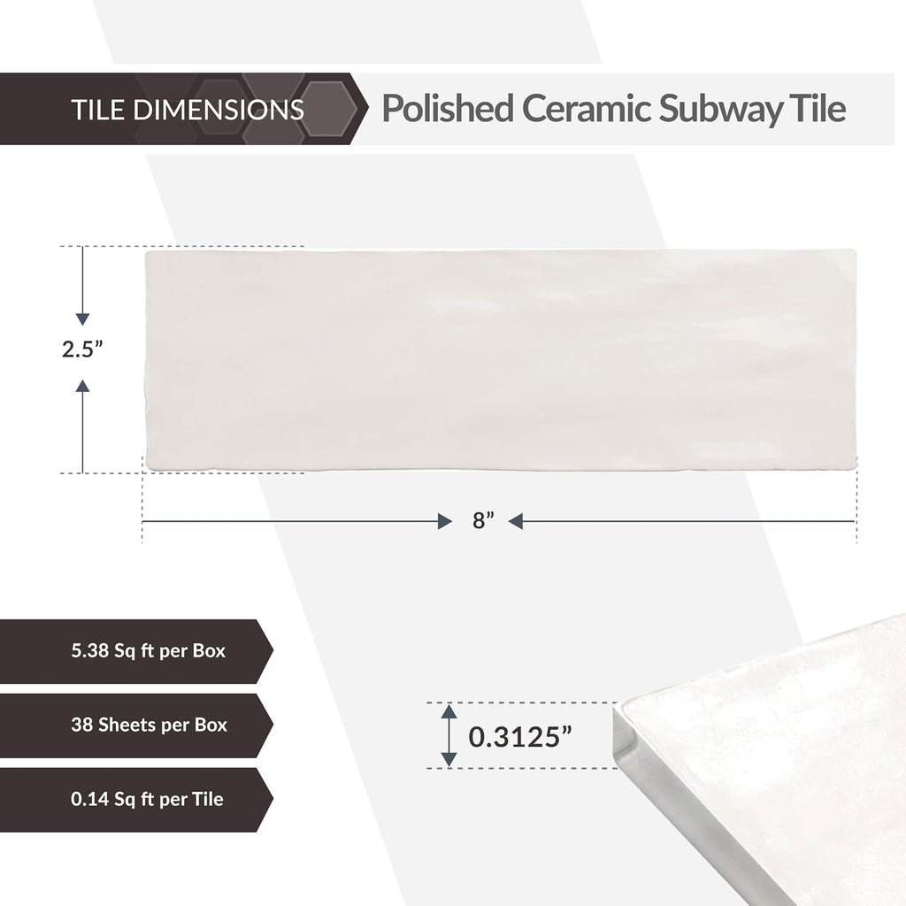 38-Pack 2.5 x 8-in. White Polished Ceramic Subway Wall Tile at 5.38 sq. ft. Per Case APLEC60, Ideal Home Improvement
