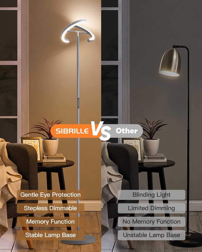 Silver Floor Lamps, Stepless Dimmable Standing Lamp with Touch Remote Control, 22W Rotatable LED Floor Light Tall
