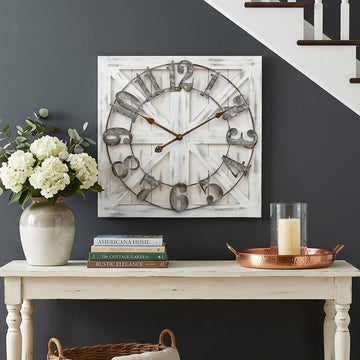 24 Inch Large Farmhouse Wall Clock, Rustic White Distressed Wood Frame with X-Brace Barn Door Backing, Silent