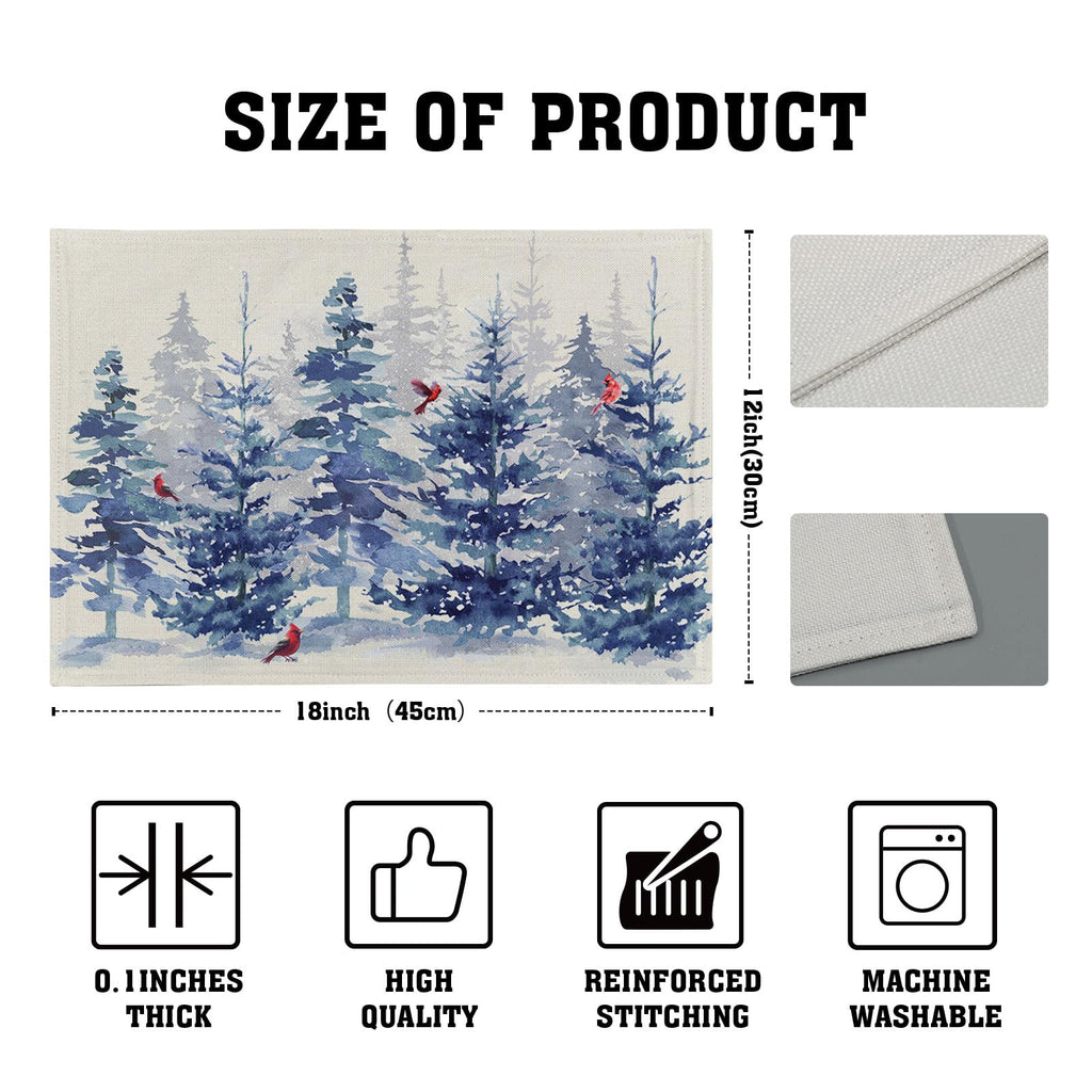 Winter Blue Pine Tree Placemats Set of 4,12 x 18 Inch Forest Xmas Red Bird Heat Resistant Place Mats Linen Table Mats