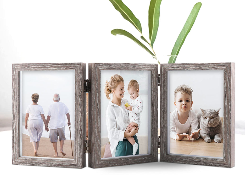 Triple 5x7 Picture Frames Hinged Wood 3 Opening Frame Display Gray
