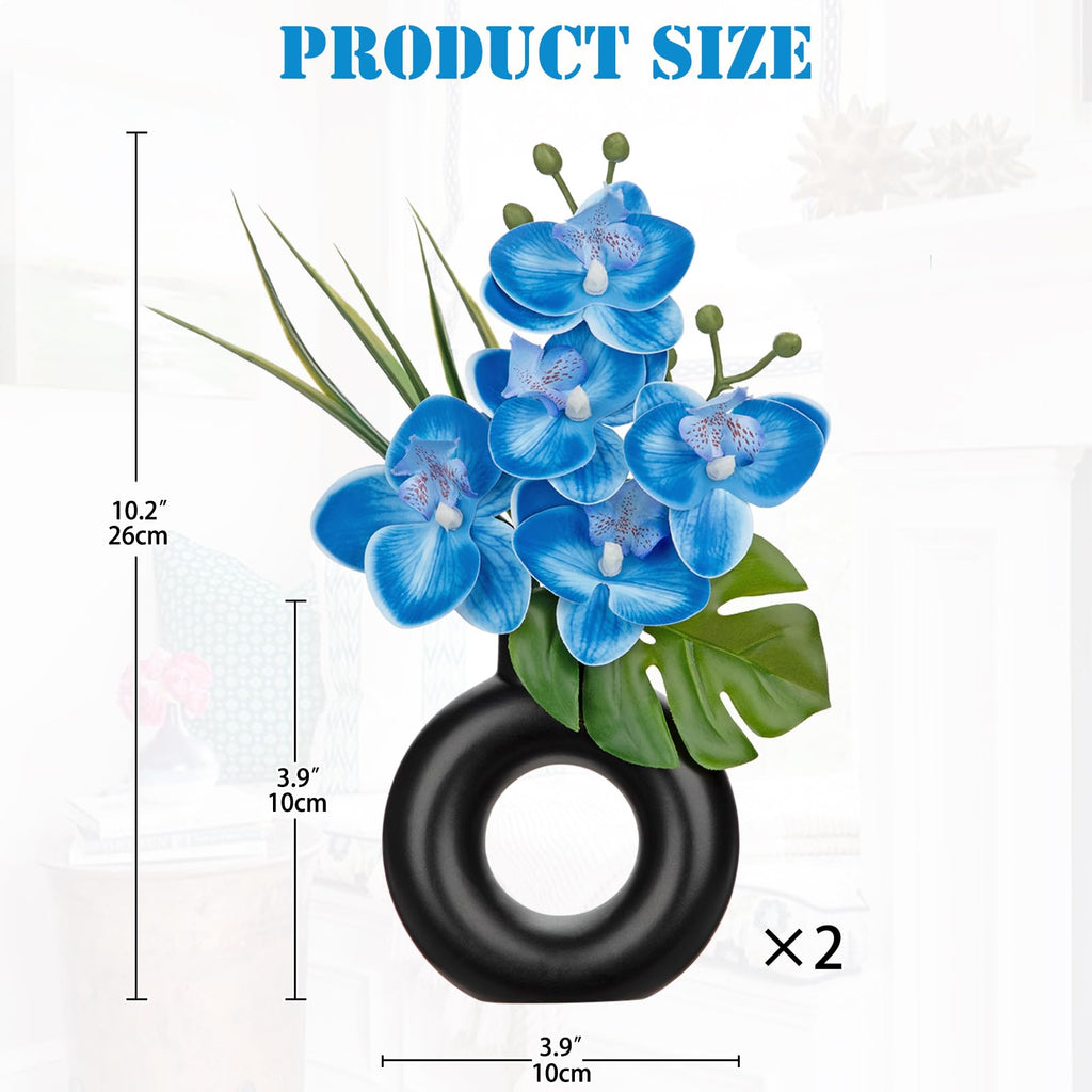 2PCS Blue Orchid Fake Flowers in Black Ceramic Pot Silk Orchid Floral Arrangement Faux Orchid Plant Room Shelf Table