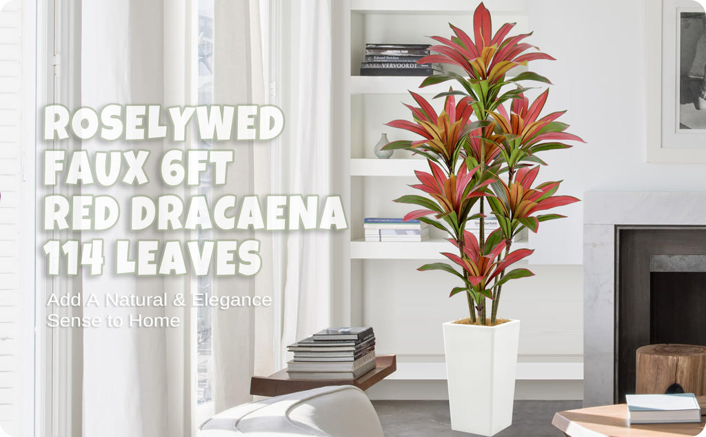 Artificial Red Dracaena Tree 6FT 114 Leaves & White Tall Planter