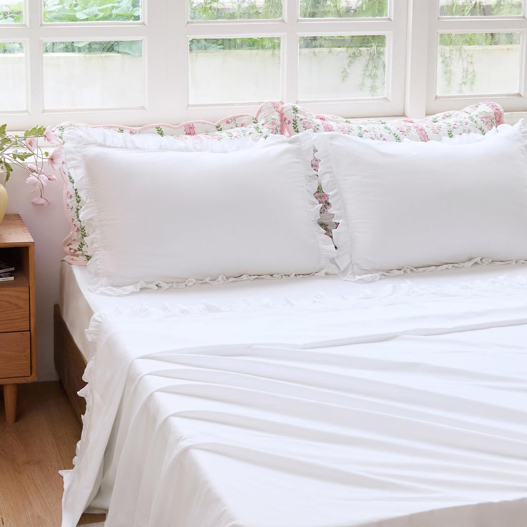 White Cotton Percale Ruffled Bed Sheet Set Sheets 4Pcs