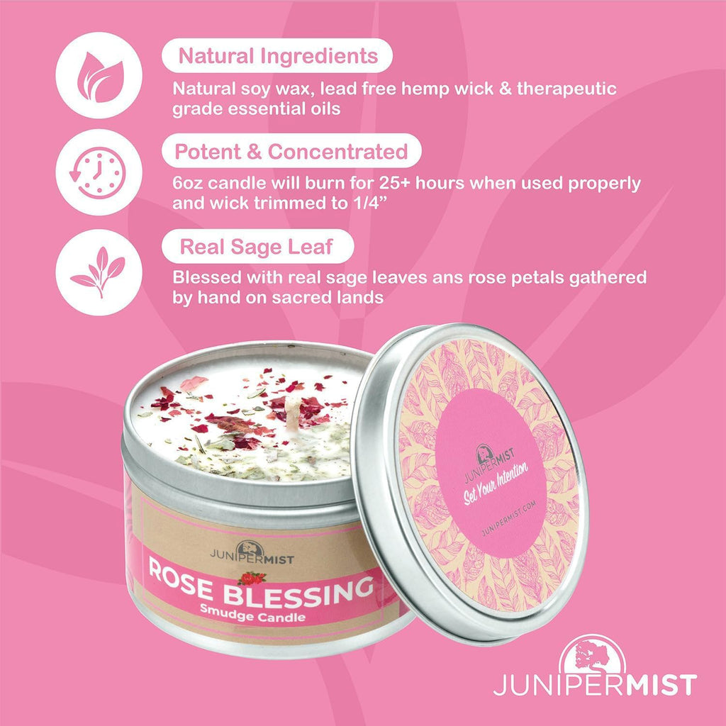 Rose Smudge Candle (6oz) Love and Healing - Energy Cleansing Candle - Pure Sage & Aromatherapy Candle - Spiritual for