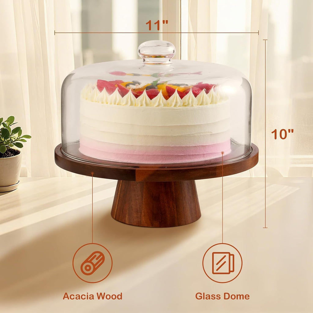 Acacia Wood Cake Stand with Glass Lid-12" Magnetic Base for Parties&Kitchen