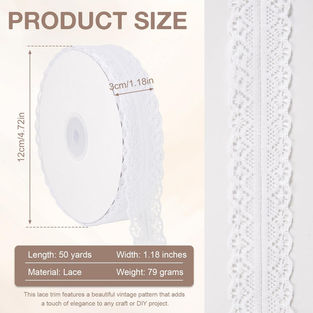50 Yards White Lace Trim Ribbon Roll, Vintage Crochet Lace for Gift Wrapping, Sewing & Craft Projects, Bridal Wedding