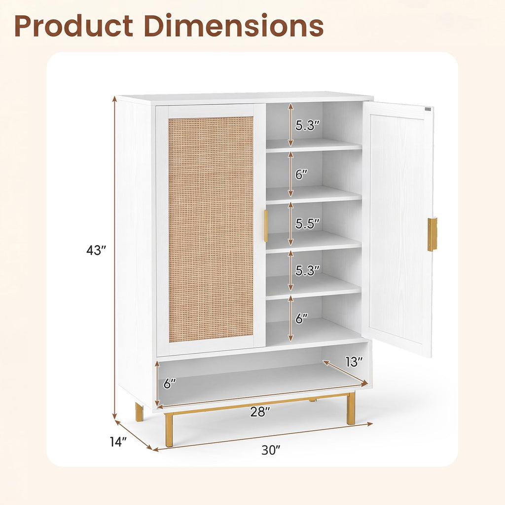 6-Tier Shoe Cabinet, 43" Tall Shoe Rack Cabinet with Doors, White