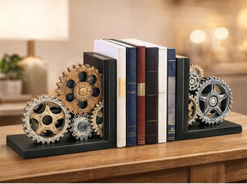 Gear Bookends, Steampunk, Heavy Duty, 20881 | Vintage Book Ends for Shelves, Office, Library, Industrial Design, 2pc