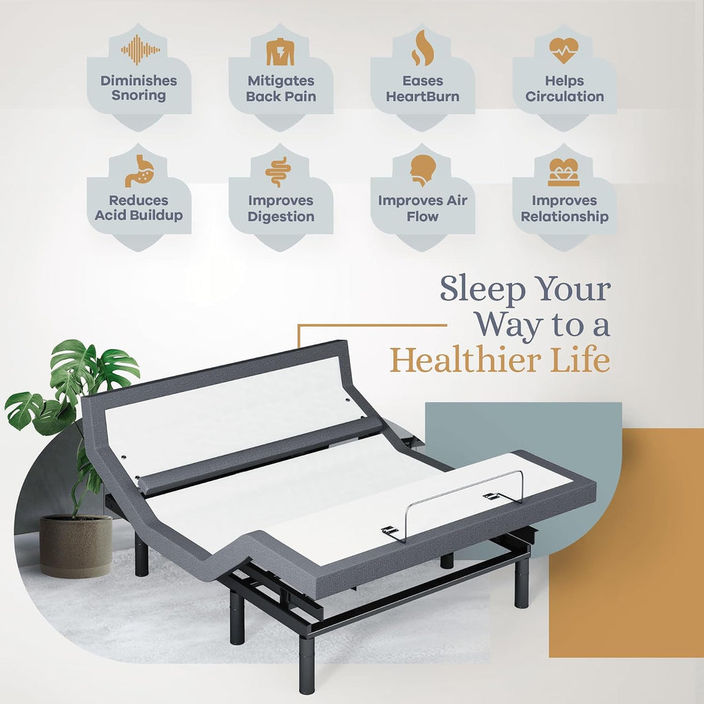 Bliss Adjustable Bed Base Frame Only, Head and Foot Lift, Lumbar Support, Head-Pillow-Tilt, Massage, Under-Bed
