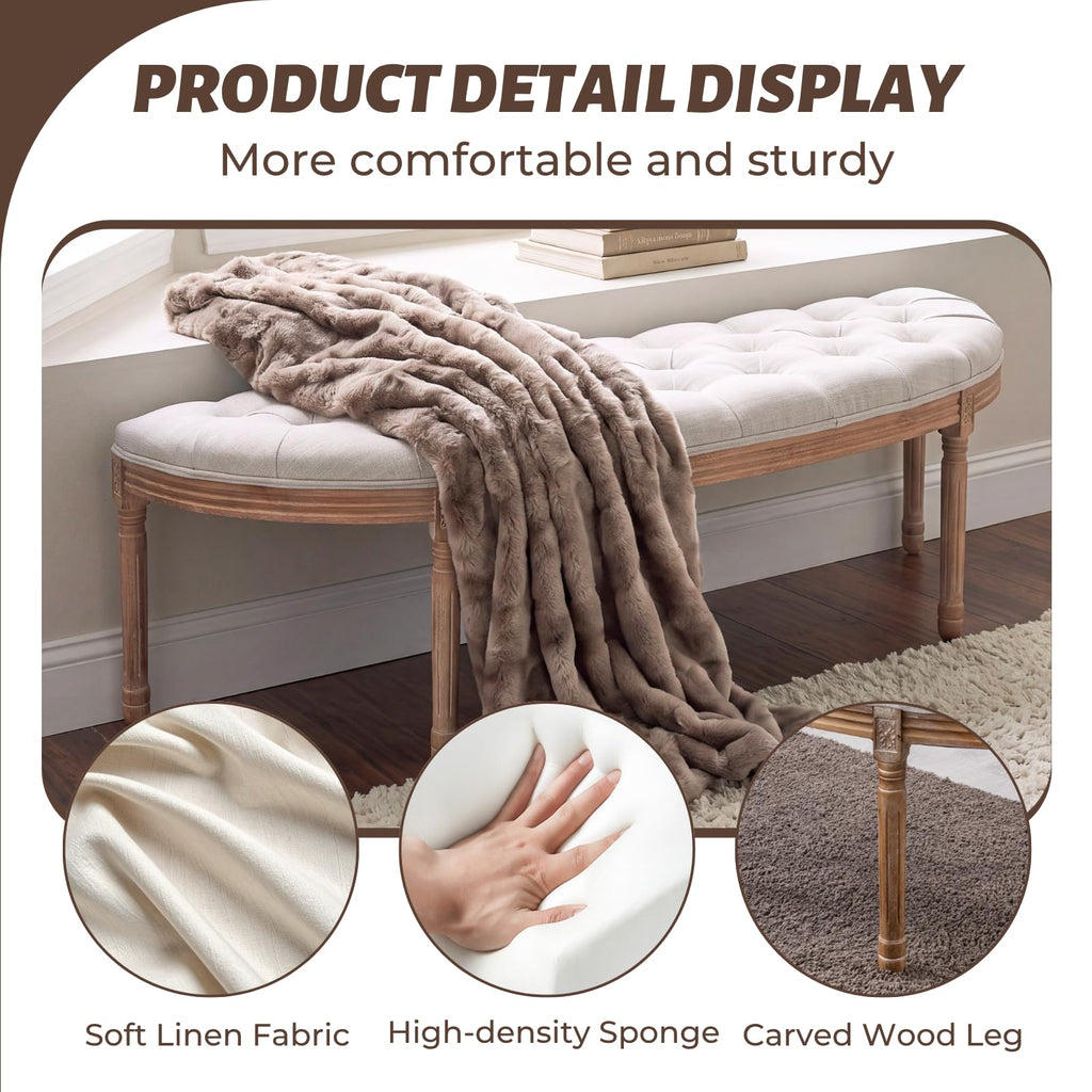 55" Button Tufted Semi-Circle Dining Bench Linen Halfmoon Entryway Bench Comfy Upholstered Bench Seat for Bay