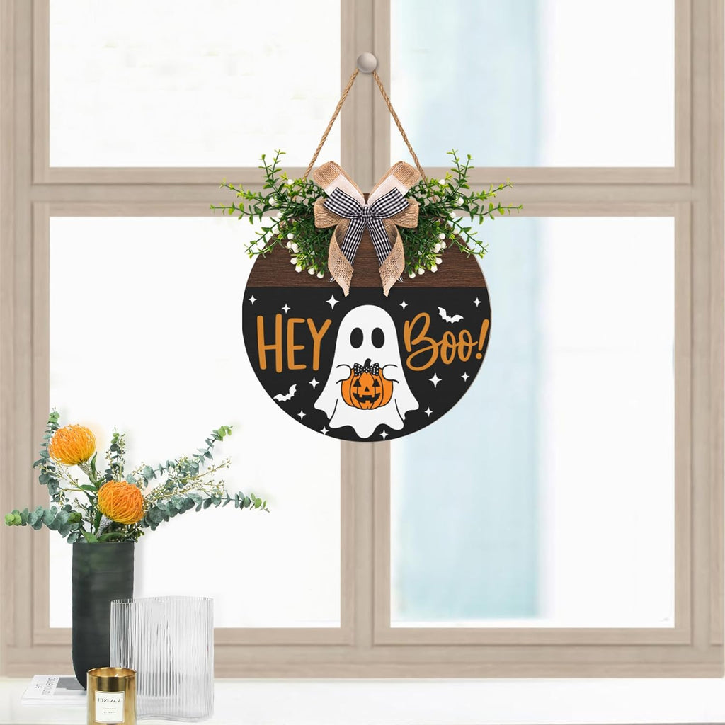 Halloween Hey Boo Door Sign Outdoor Decor Ghost Pumpkin Door Wreath Front Door Hanger Holiday Wooden Signs Outdoor