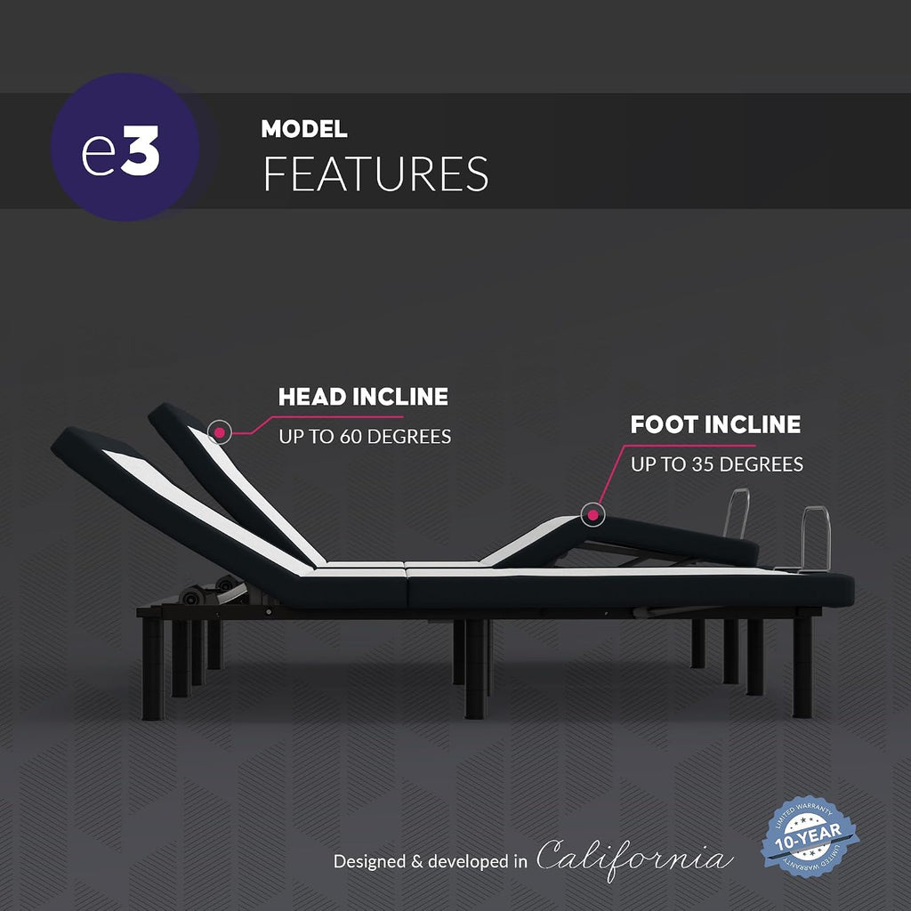 Queen e3 Adjustable Bed Frame - Customizable Comfort with Wireless Remote Control, Head and Foot Incline, Easy