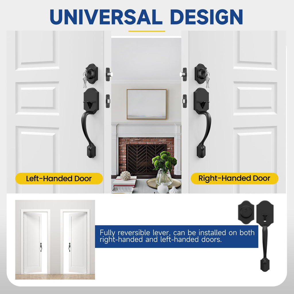 Front Door Lock Set, Front Door Handle and Deadbolt Set, Exterior Door Handle with Single Cylinder Deadbolt Lock