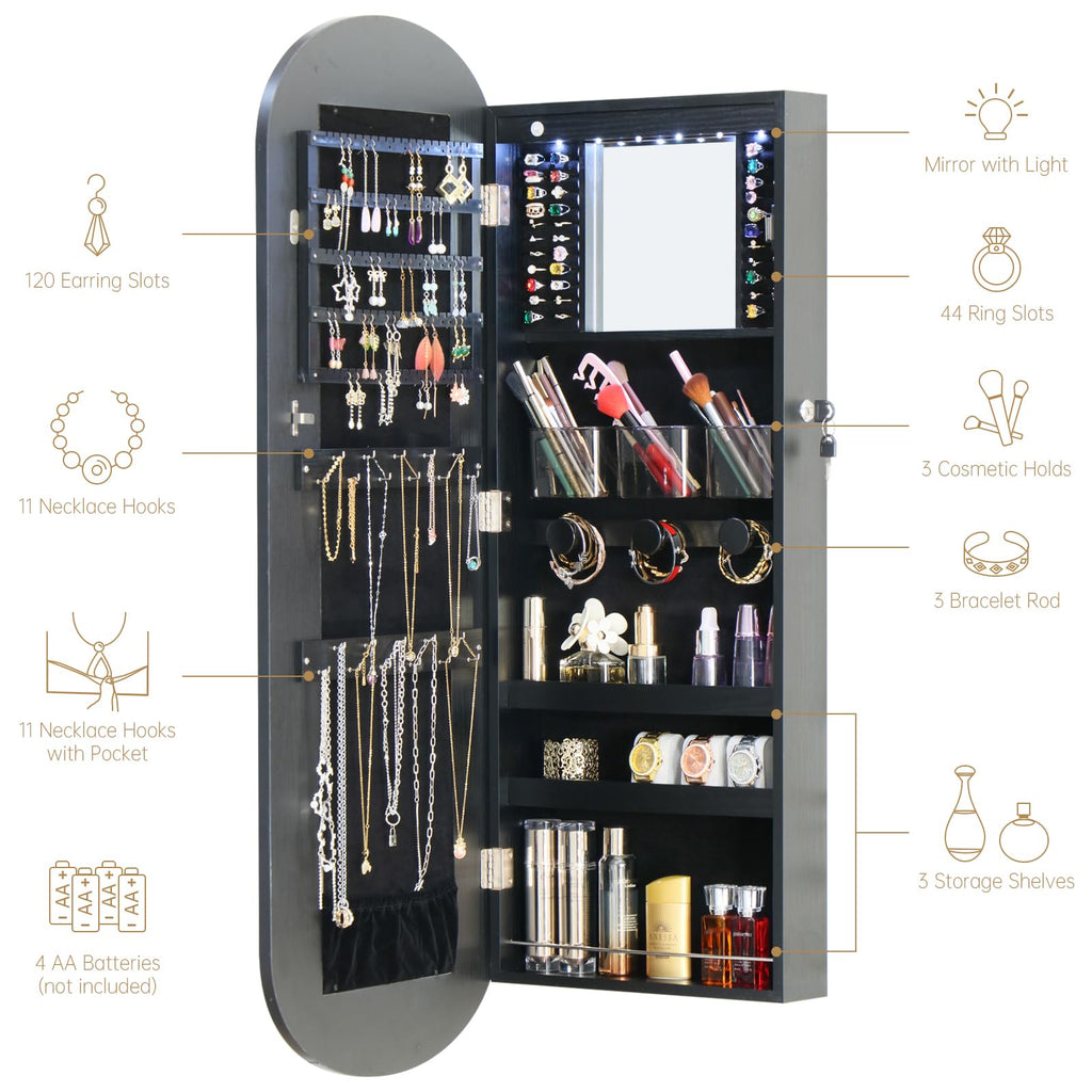 Mirror Jewelry Armoire Cabinet Organizer Wall Mounted Over the Door Black
