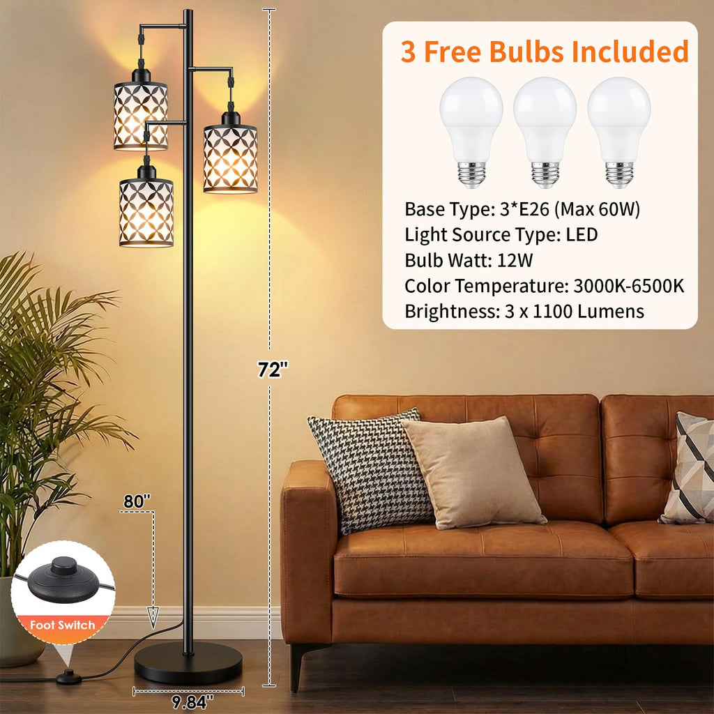 72" Dimmable Floor Lamp with Remote & Timer, Industrial Farmhouse Rustic Standing Lamp Bedroom, 3 Individually