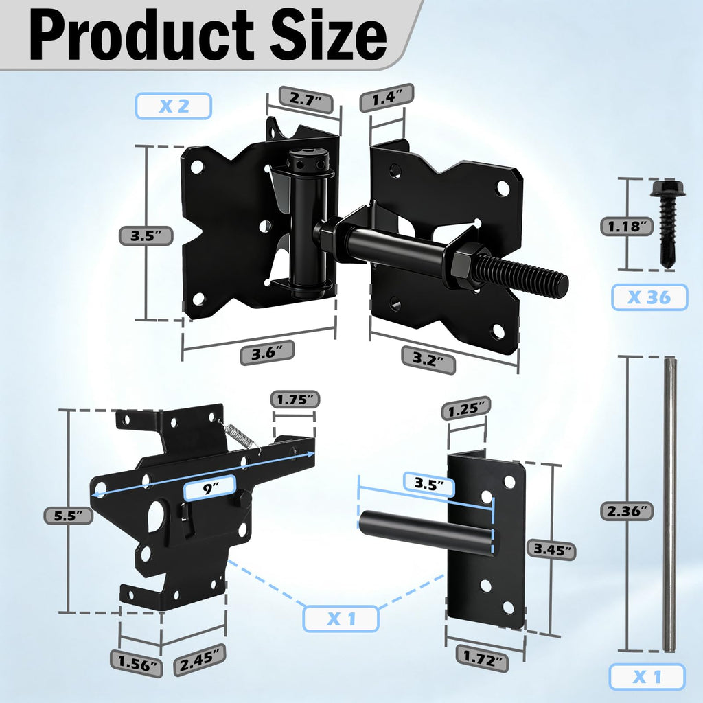 Adjustable Self-Closing Gate Hinges and Self-Locking Gate Latch Hardware Kit, Heavy Duty Black Gate Hardware for