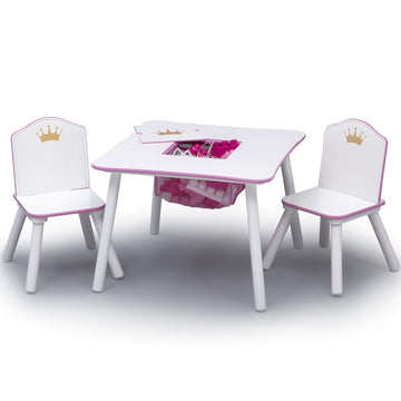 Children Princess Crown Kids Wood Table and Chair Set with Storage - Greenguard Gold Certified, White/Pink