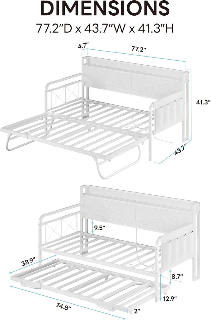 Twin Daybed with Pop Up Trundle & Charging Station & Storage Shelf | Pop Up Trundle with Smooth Wheels, Strong