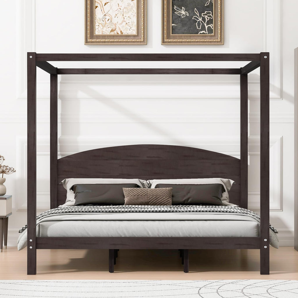 Wood Canopy Bed Frame with Headboard and Storage, Brown