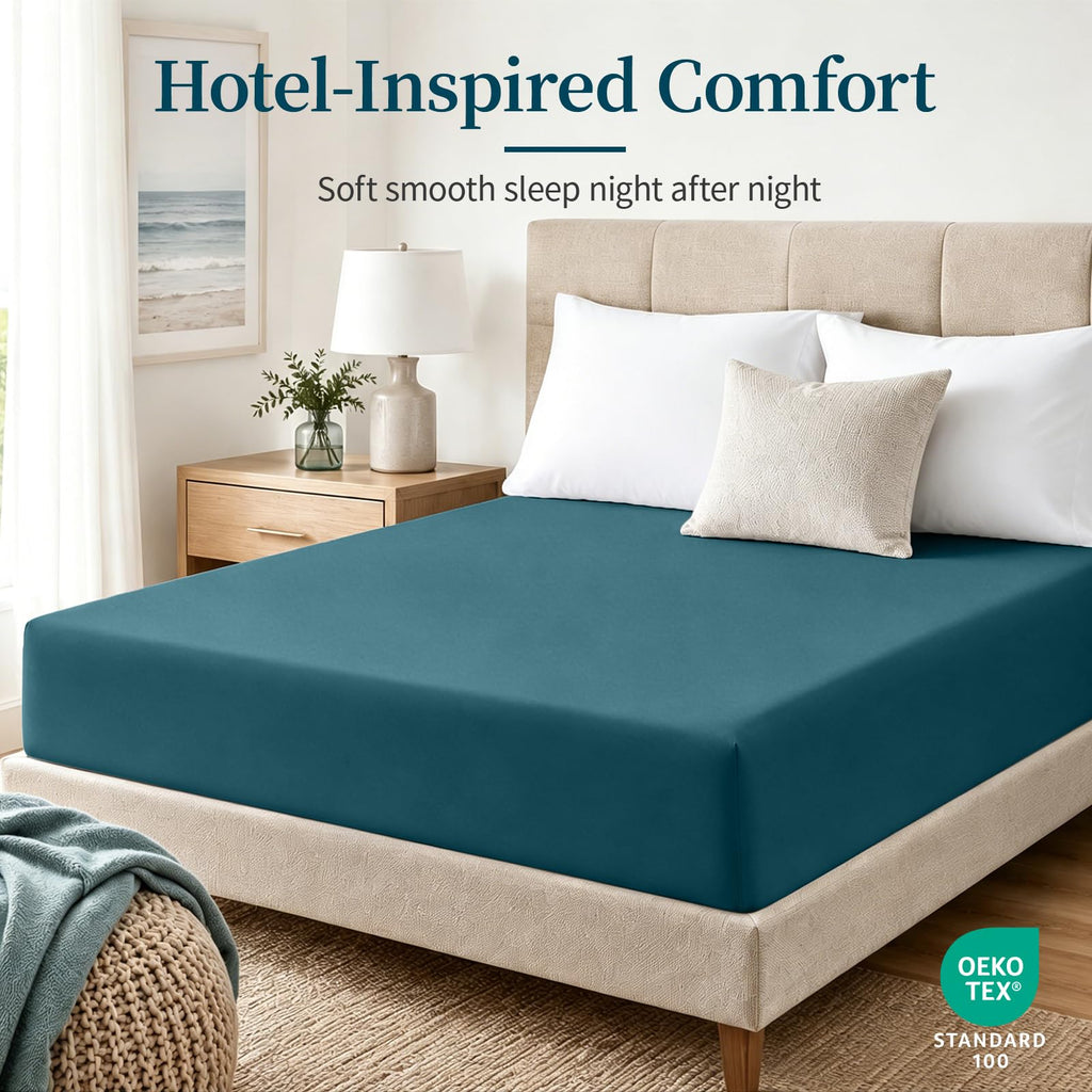 100% Cotton Twin Fitted Sheet Only, 600 Thread Count Sateen Soft Breathable Twin Size Fitted Bed Sheet Deep