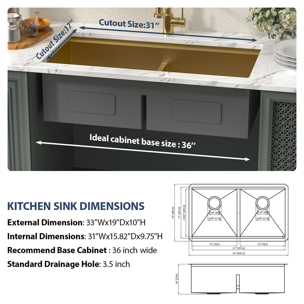 33 Inch Matte Gold Double Bowl Kitchen Sinks