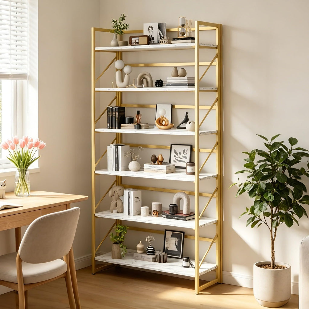 6 Tier No Assembly Folding Bookshelf, 30.7" Wide Foldable Storage Bookcase, Space-Saving Storage Shelf (White&Gold)