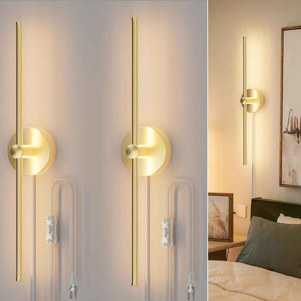 Plug in or Hardwired Linear Wall Sconce: 24 Inch LED Indoor Modern Linear Wall Lights Set of Two with On/Off Switch