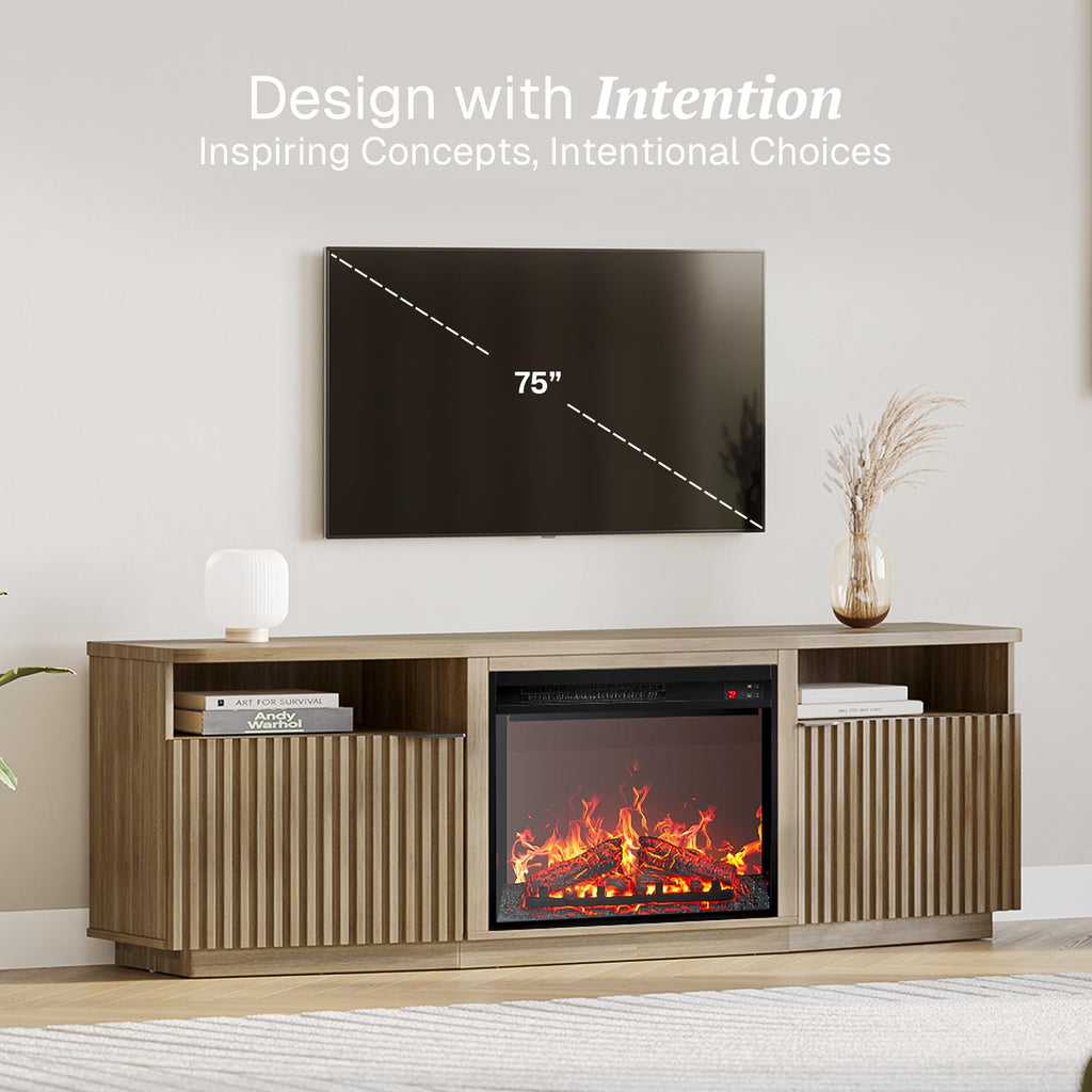 Fluted TV Stand with 23" Electric Fireplace Heater with Sound, 68" Entertainment Center for TV Up to 75", Media