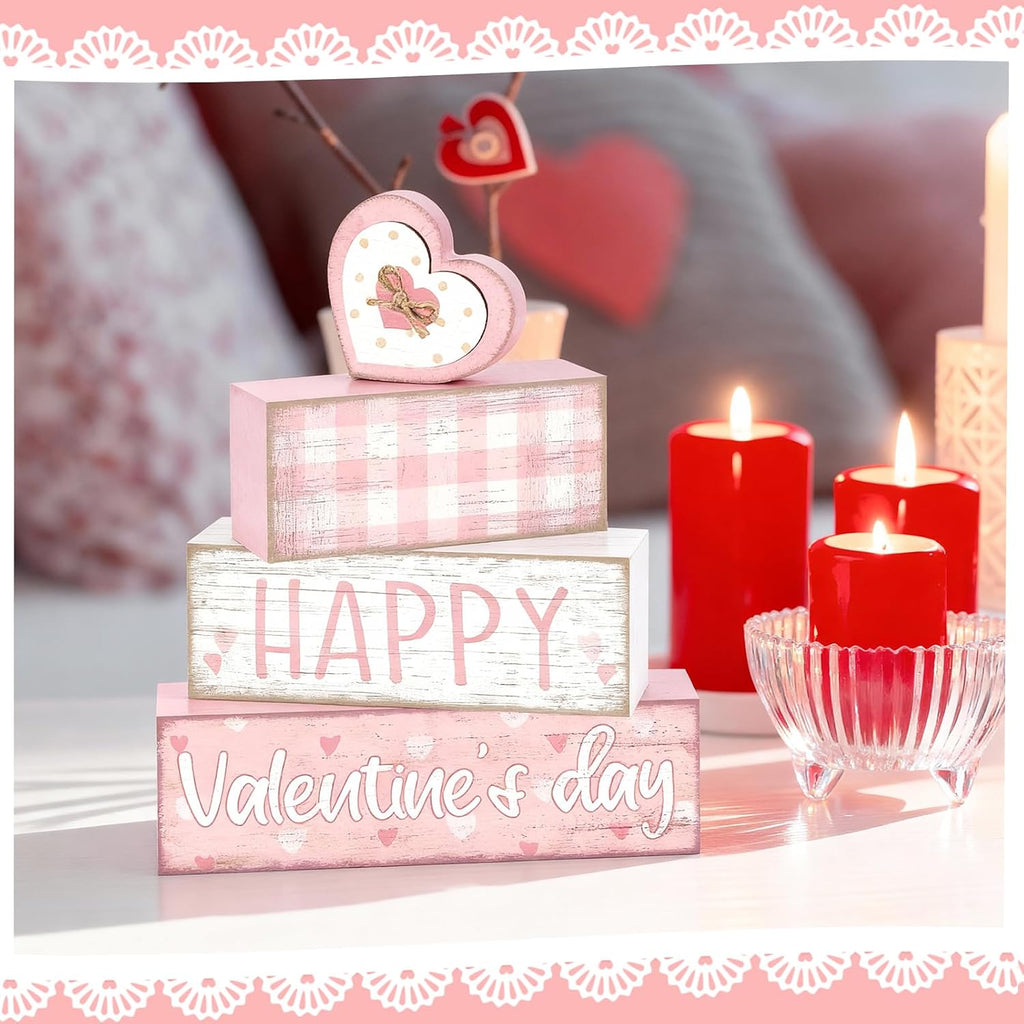Tiered Tray Decor Set, , Wooden Table Sign, Pink Valentine - Set of 4