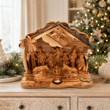 Olive Wood Nativity Set with Music Box - Hand Carved in Bethlehem | Holy Land Christmas Manger Scene | Religious Gift
