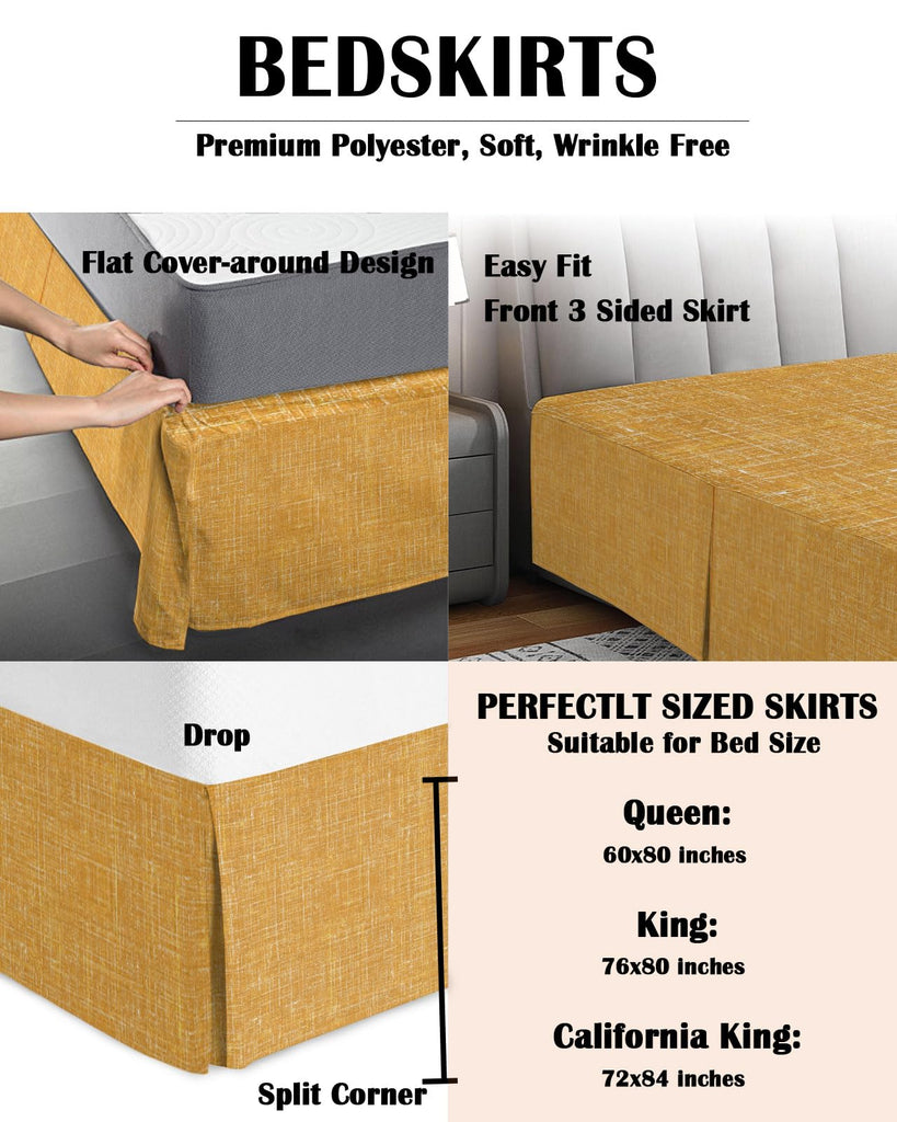 Bed Skirts 16 Inch Tailored Drop Gold Linen Fabric Wrap Around Bed Skirt with Split Corners