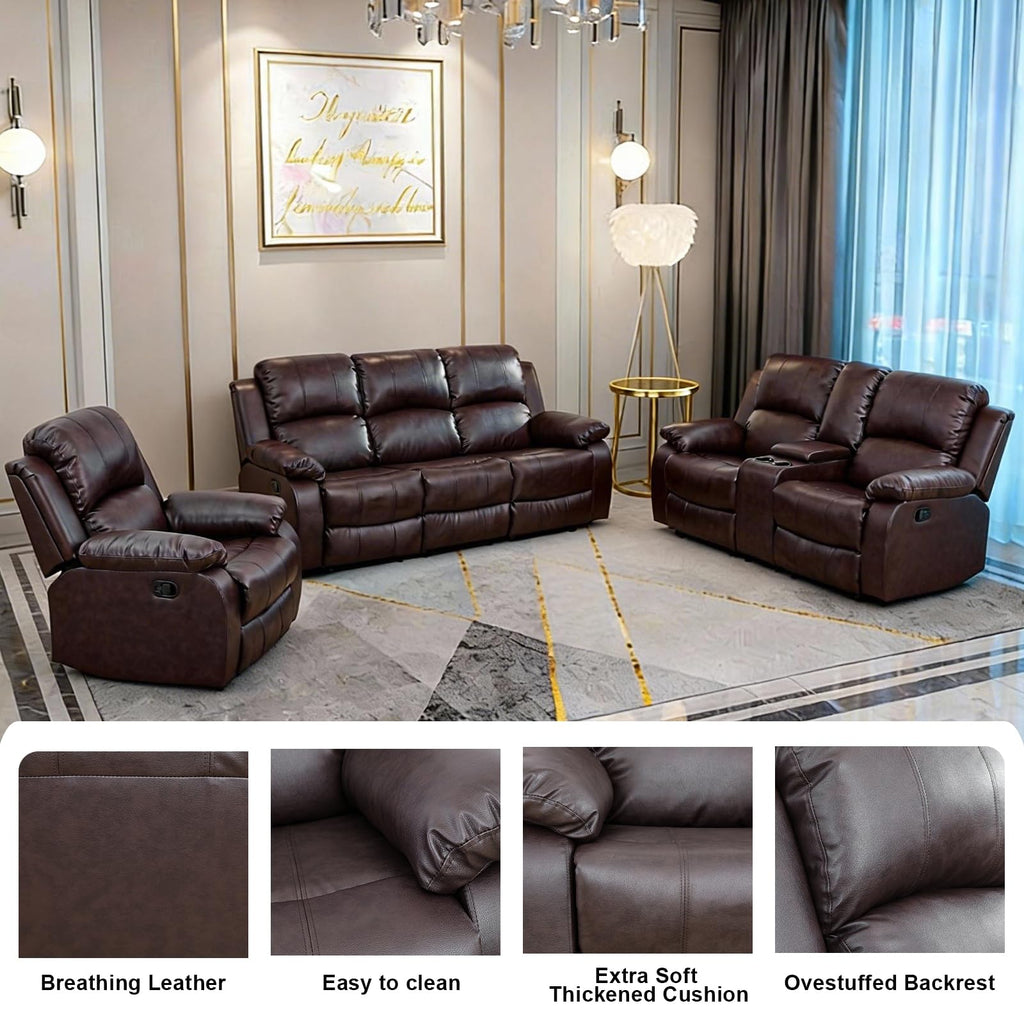 3 Piece Reclining Sectional Couch - Manual Brown Leather Sectional Couch with Recliner, Storage Console, Cup Holders