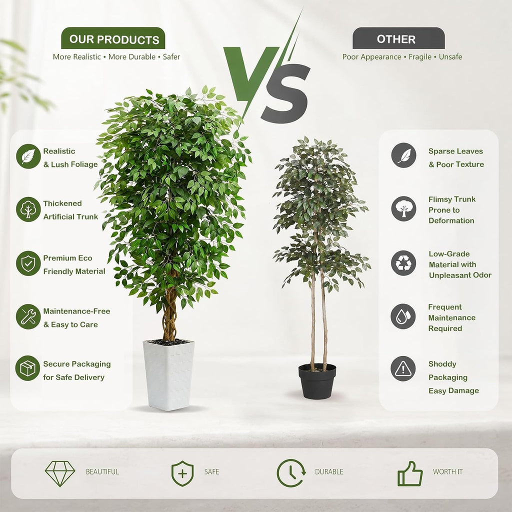Artificial Ficus Tree 6FT Faux Floor Tree with Planter UV Resistant Potted Fake Silk Plant - Indoor Outdoor Lifelike
