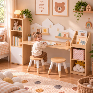 Kids Desk with Bookshelves and 2 Stools, Wooden Kids Desk and Chair Set with 5 Storage Cabinets, Children Writing