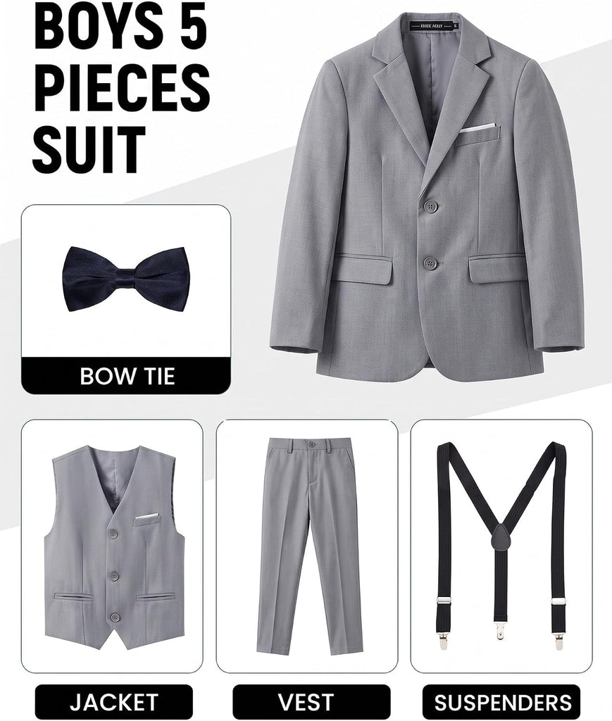 Boys Multiple Colour Formal Dress Suits 5 Piece Slim Fit Dresswear Suit Set with Kids Suspenders