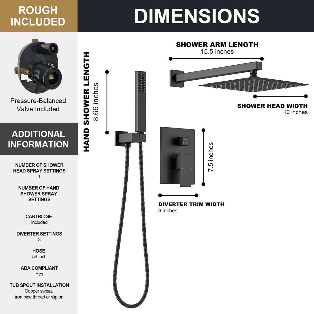 Modern 2-Setting Square Shower System with Rain Shower Head and Handheld Spray Black, Rainfall Shower Faucet Set