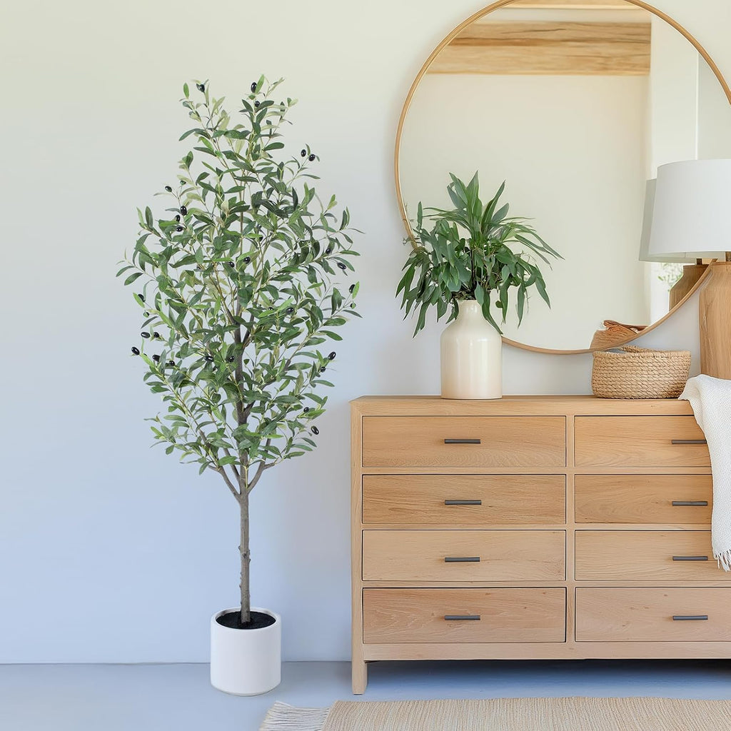 Olive Tree Artificial Indoor, 5ft Tall Silk Faux Olive Tree with White Planter, Artificial Plants with Natural Wood